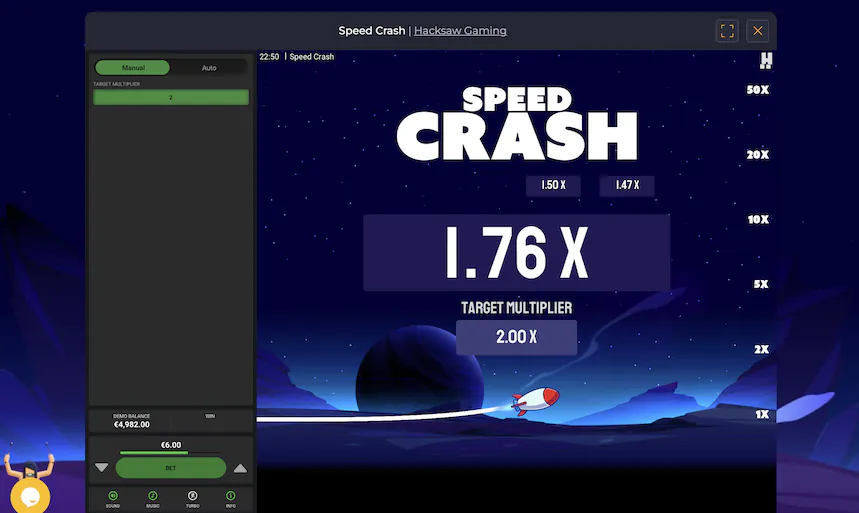 Speed-crash-game-at-rolling-slots-casino Screenshot of the Speed Crash game during Rolling Slots Casino review. A rocket is displayed on the right side of the screen with a multiplier of 1.76x currently active.
