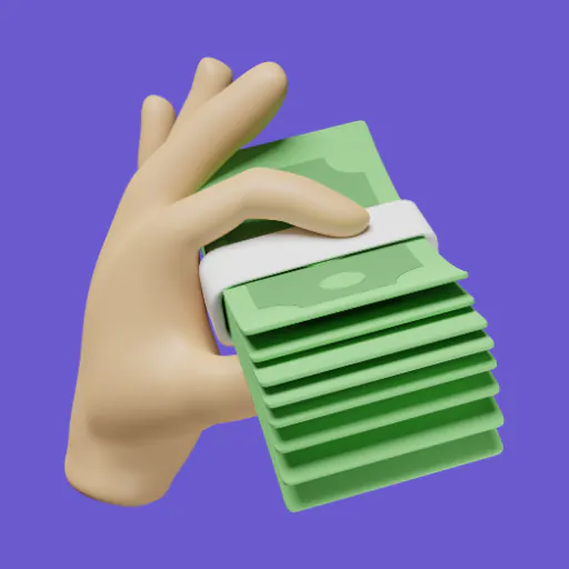 cashback 3D icon of a hand holding a stack of green cash bills.