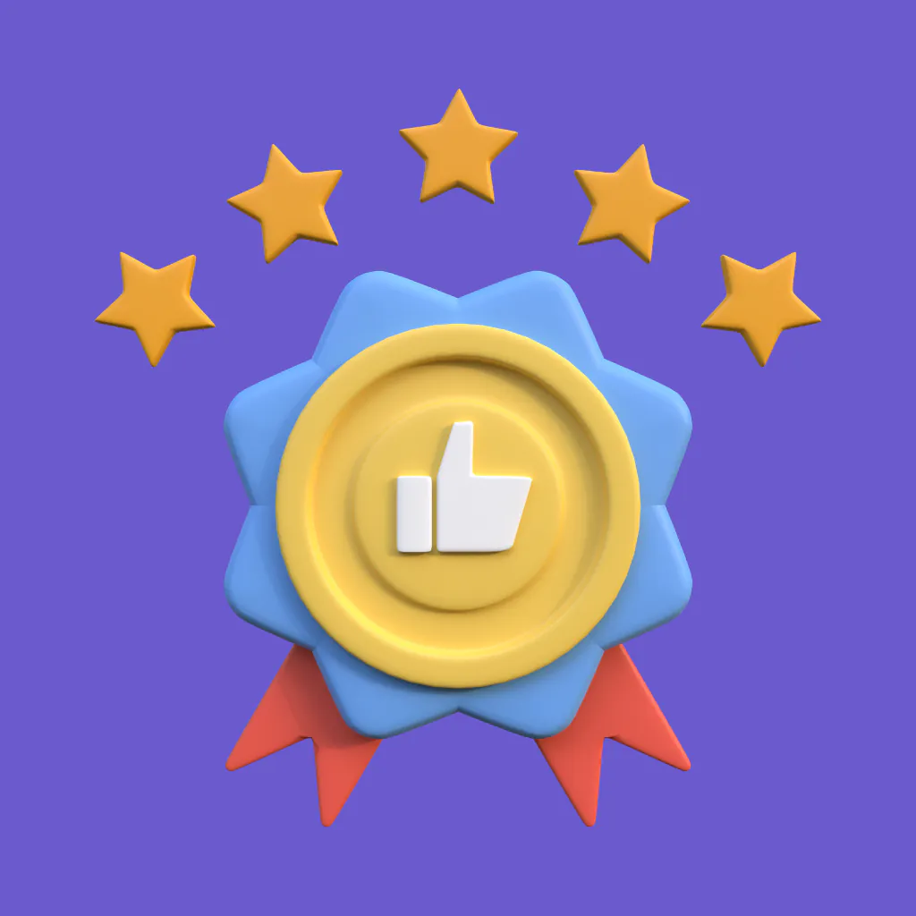 crash-gambling-casino-review Medal with five stars and thumbs-up icon, symbolizing a top-rated crash gambling casino review.