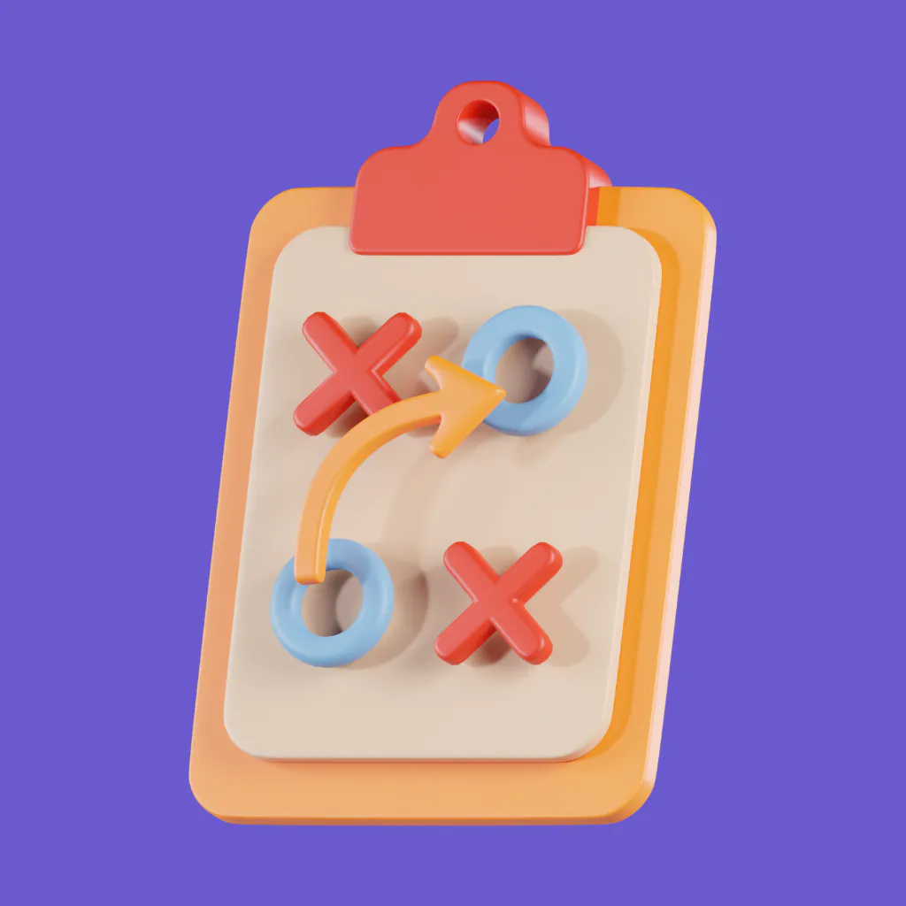 crash-gambling-strategy-tips Clipboard with a strategy plan marked with crosses and arrows, representing crash gambling strategy tips.