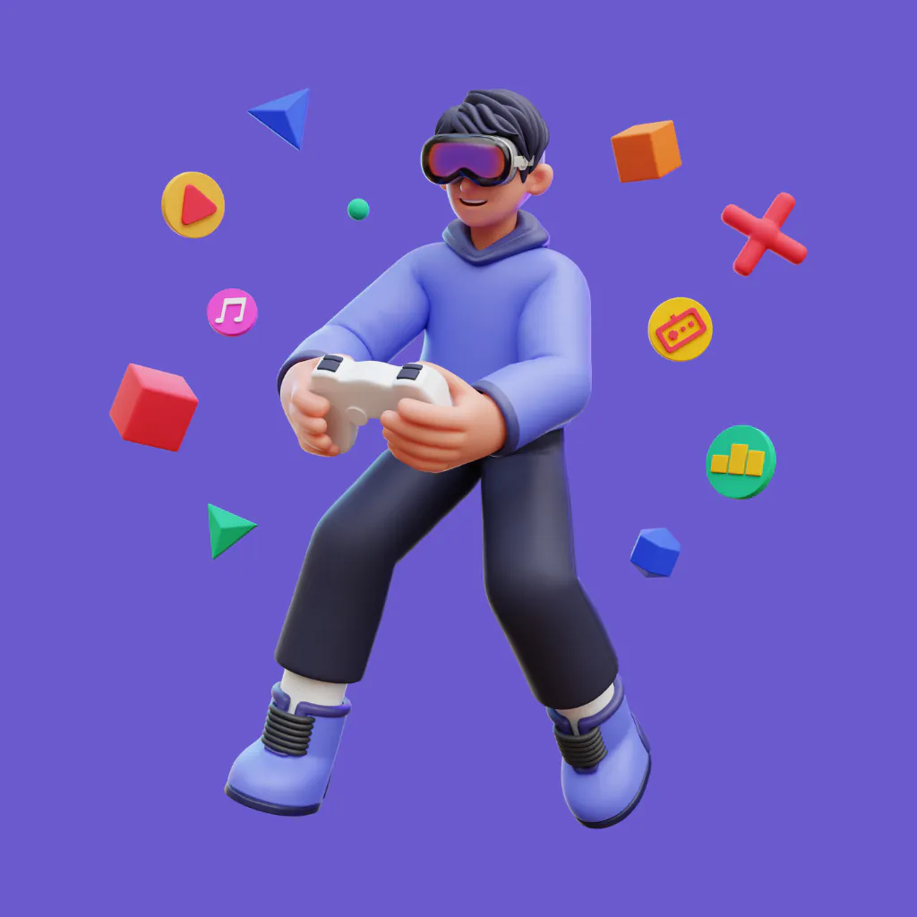 crash-game-review A person wearing a VR headset holding a game controller, surrounded by colorful game-related icons, representing crash game review content.