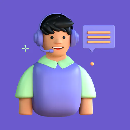 customer-support A 3D animated character with a headset, symbolizing customer support, against a purple background