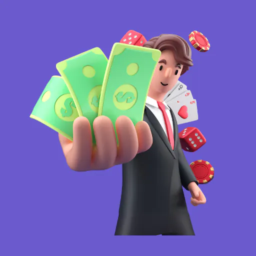 game-variety A 3D animated figure in a business suit holds several dollar bills and playing cards with casino chips in the background.