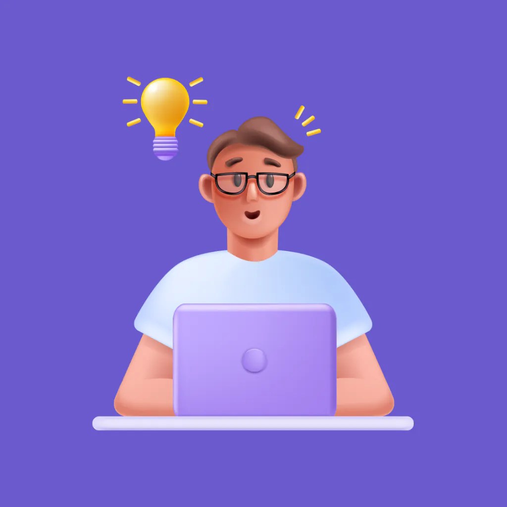 Recognizing Crash Gambling Patterns A person wearing glasses sitting at a laptop with a glowing light bulb above their head, symbolizing a moment of realization while crash gambling.