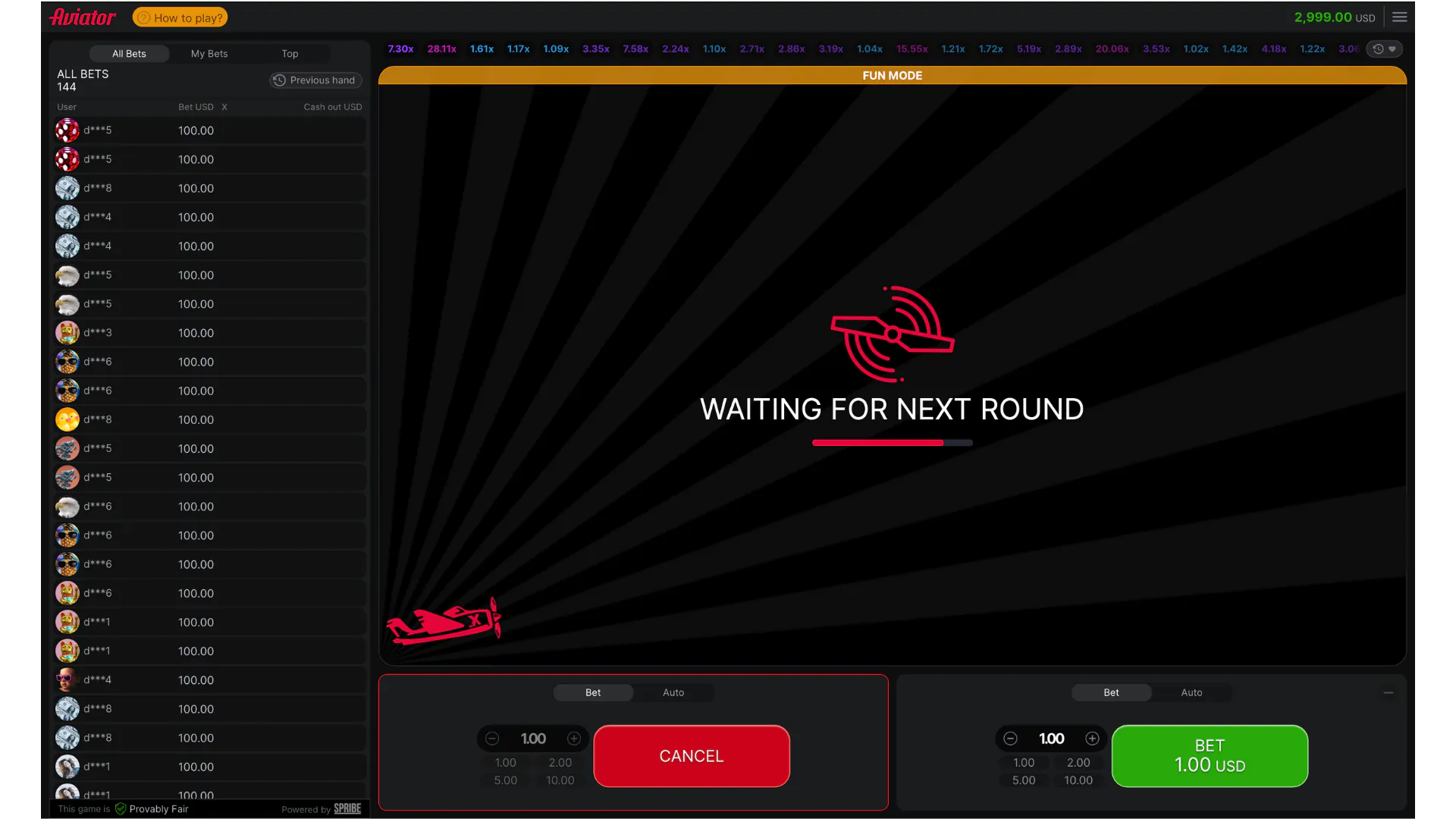 Screenshot of an Aviator Crash game interface. How crash game works step 1. The game is in waiting mode for the next round, with the text ‘Waiting for Next Round’ and a red airplane icon displayed. Players’ bets are listed on the left side with a $100 bet amount for each user.