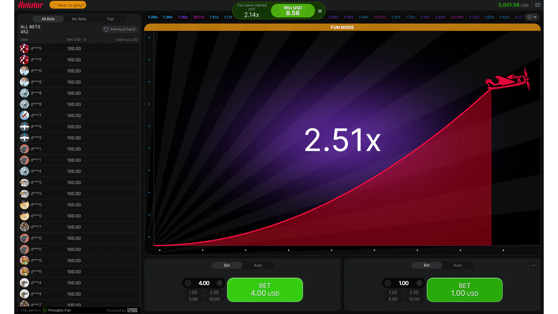 Screenshot of the Aviator Crash game during gameplay. How crash game works step 3. The multiplier is at 2.51x, and a red airplane is shown ascending in the graph. The game displays a bet of $4 and the ‘BET 4.00 USD’ button at the bottom.